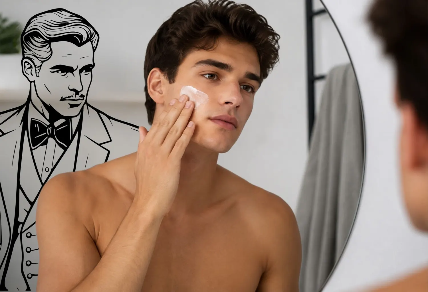 Joven aplicándose crema facial como parte de una rutina de grooming masculino