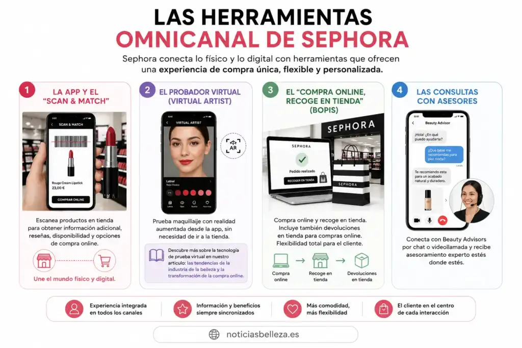 Herramientas omnicanal de Sephora: app, Virtual Artist y BOPIS Infografía sobre las herramientas omnicanal de Sephora, desde Scan & Match y Virtual Artist hasta la recogida en tienda y el asesoramiento online.