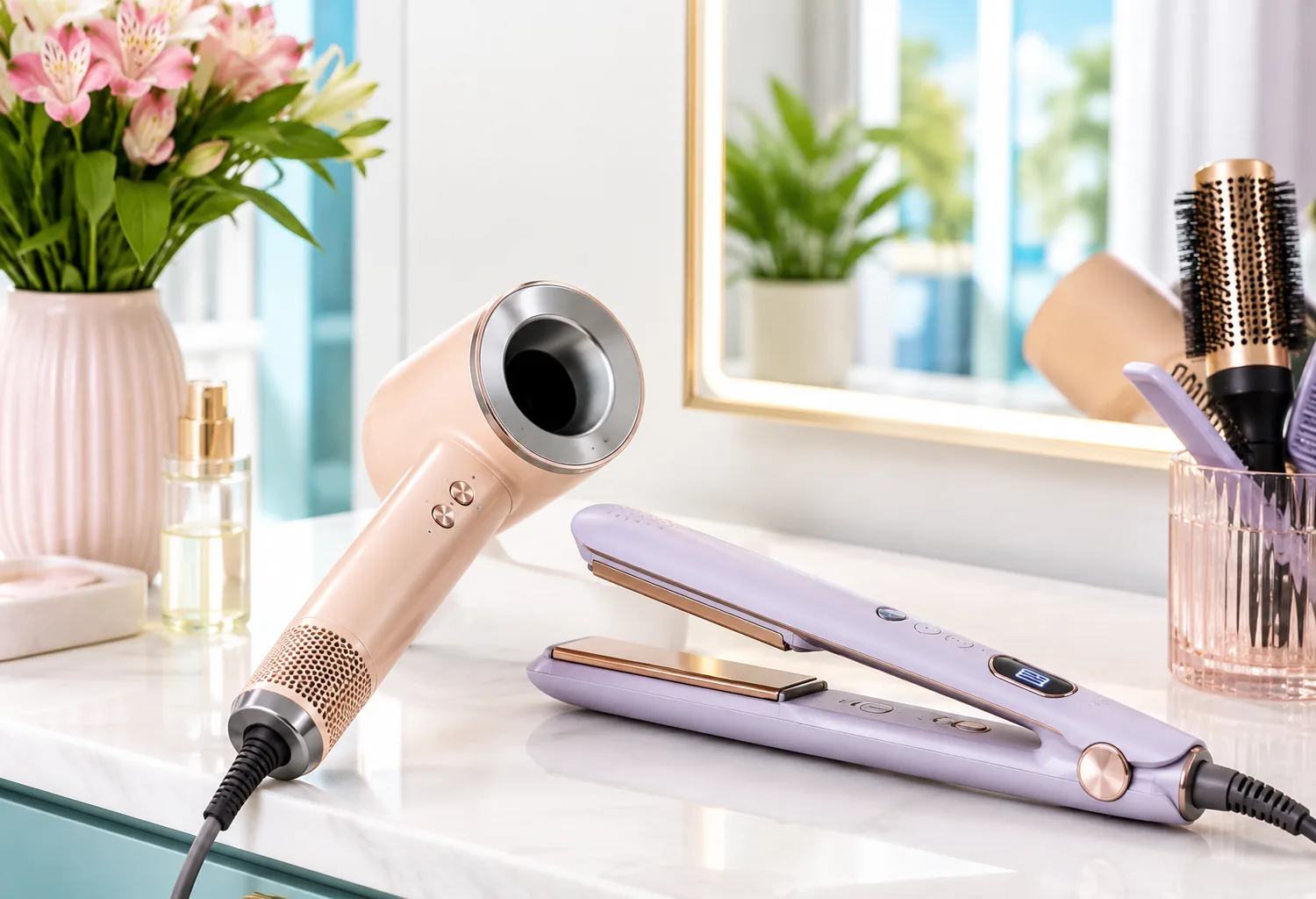 Secador y plancha inteligentes de peluquería con sensores de temperatura e inteligencia artificial sobre un tocador moderno y luminoso.