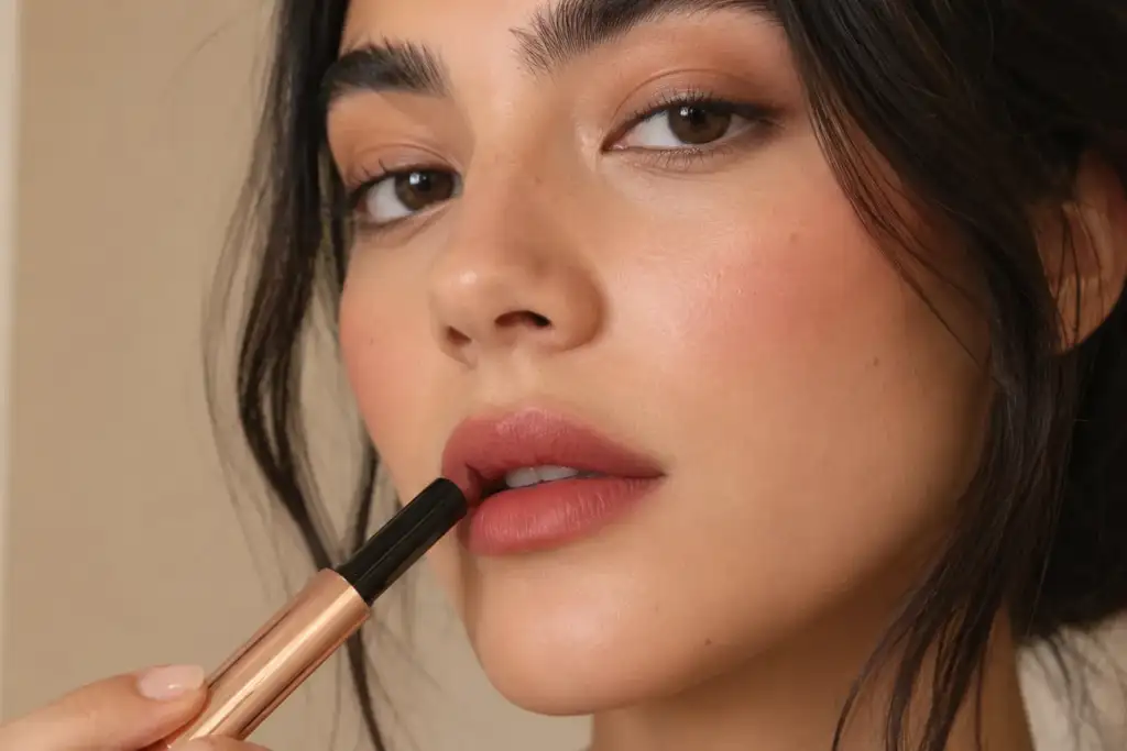 Hourglass Phantom Volumizing Blur Stick con efecto blur en los labios Primer plano de una modelo aplicando el Hourglass Phantom Volumizing Blur Stick con acabado efecto blur en los labios.
