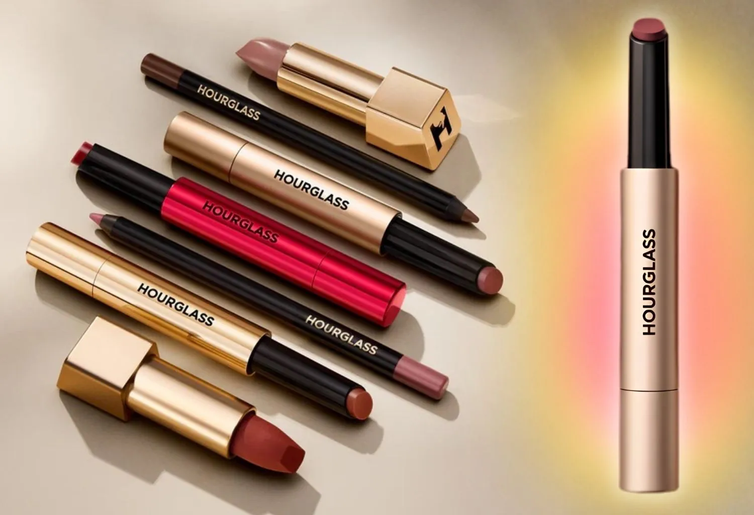 Productos Hourglass Phantom Blur Balm para labios con efecto blur, incluyendo bálsamos con color y perfiladores, presentados sobre un fondo neutro.