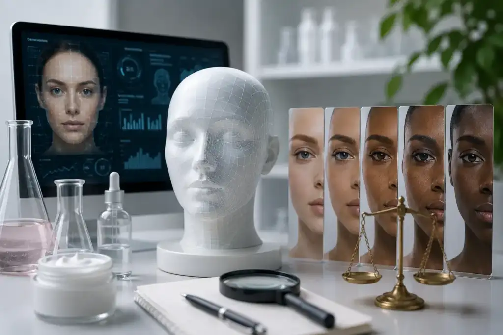 Riesgos y sesgos de la inteligencia artificial en cosmética Inteligencia artificial analizando diferentes tonos de piel para representar los riesgos de sesgo en cosmética
