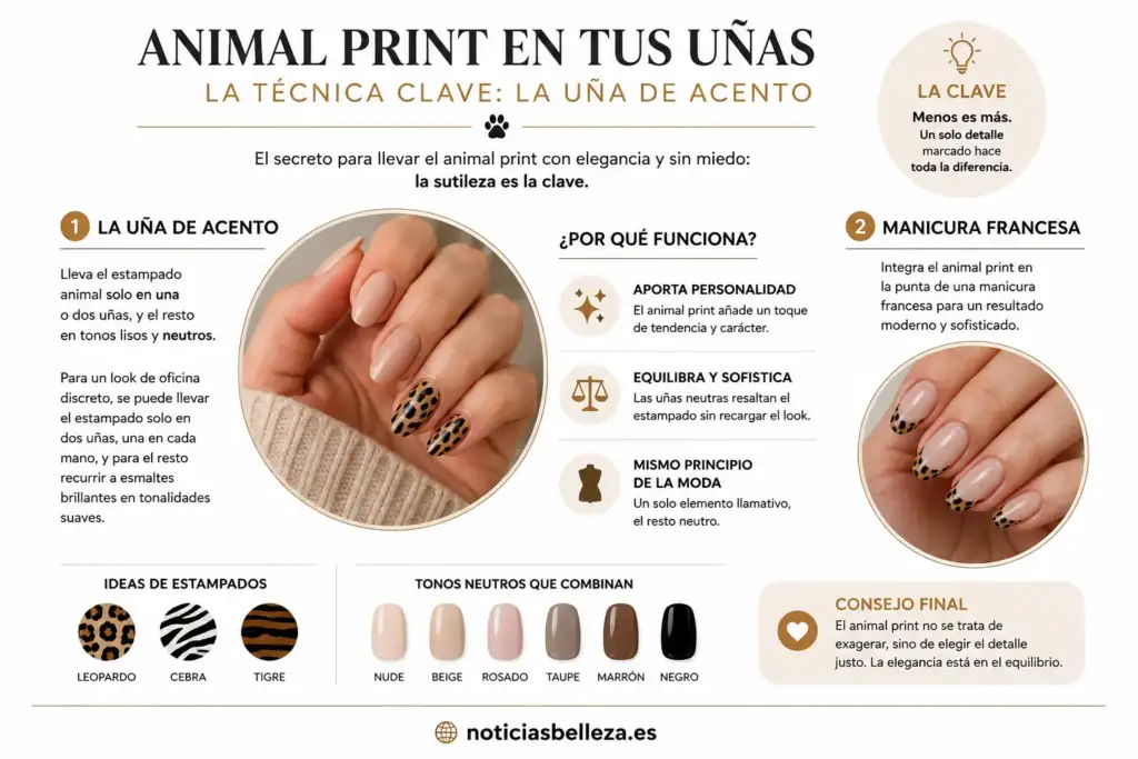 Infografía sobre la técnica de la uña de acento para llevar manicura animal print con tonos neutros