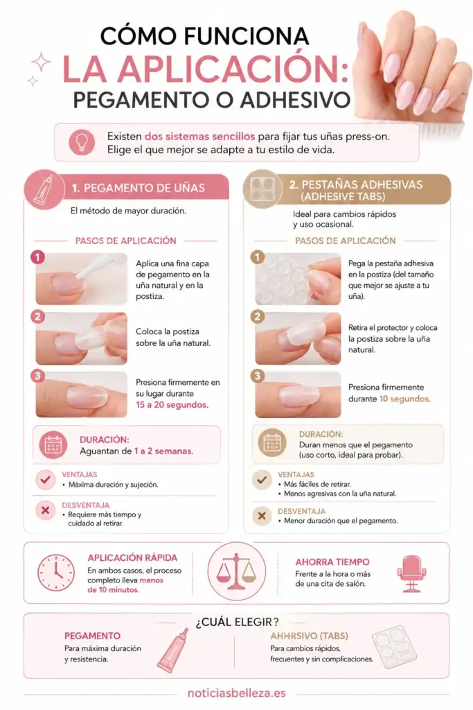 Infografía sobre cómo aplicar uñas press-on con pegamento o pestañas adhesivas