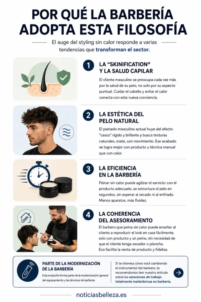 Por qué la barbería adopta el styling sin calor Infografía sobre por qué la barbería adopta el styling sin calor para cuidar el cabello y conseguir peinados naturales