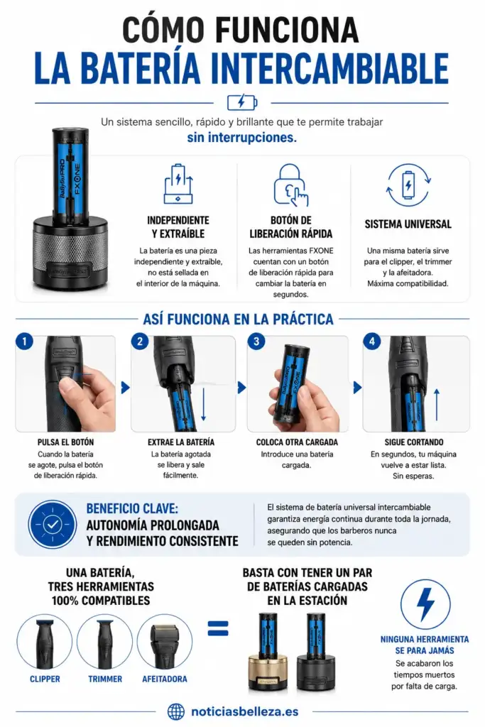 Cómo funciona la batería intercambiable BaBylissPRO FXONE Infografía sobre el funcionamiento de la batería intercambiable BaBylissPRO FXONE para barbería