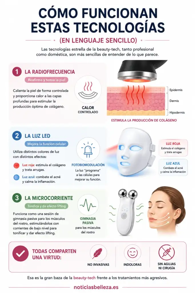 Cómo funcionan las tecnologías beauty-tech: radiofrecuencia, LED y microcorriente Infografía sobre cómo funcionan la radiofrecuencia, la luz LED y la microcorriente en beauty-tech