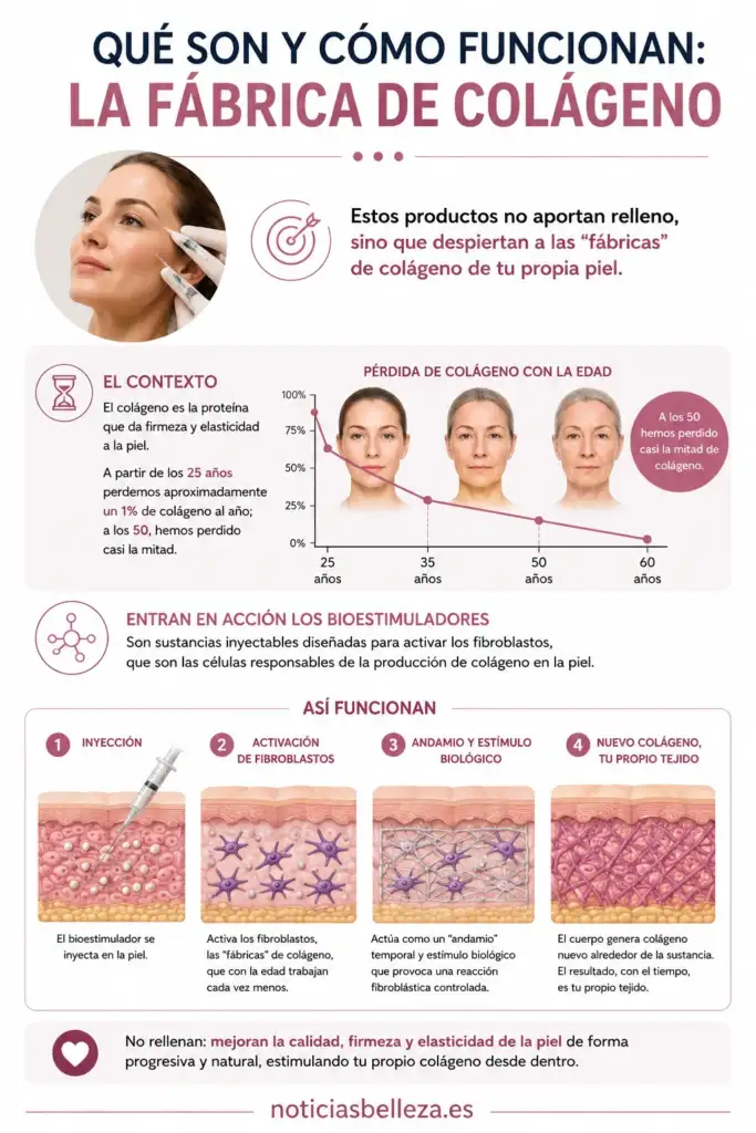 Cómo funcionan los bioestimuladores de colágeno: la fábrica de colágeno Infografía sobre cómo los bioestimuladores activan los fibroblastos para estimular la producción de colágeno en la piel