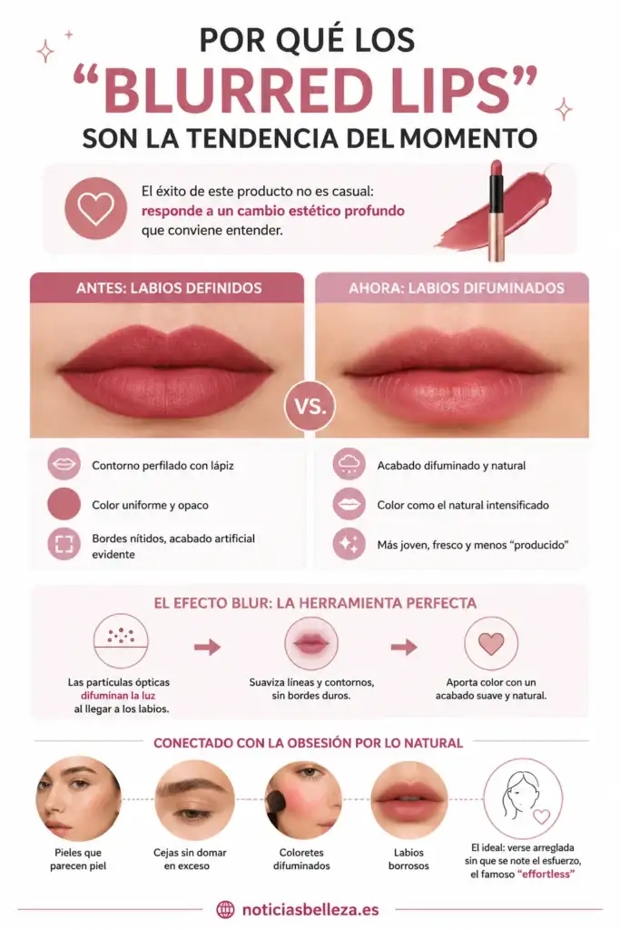 Infografía: por qué los blurred lips son la tendencia del momento Infografía que compara los labios definidos tradicionales con los blurred lips y explica por qué el efecto difuminado se ha convertido en una de las principales tendencias del maquillaje actual.