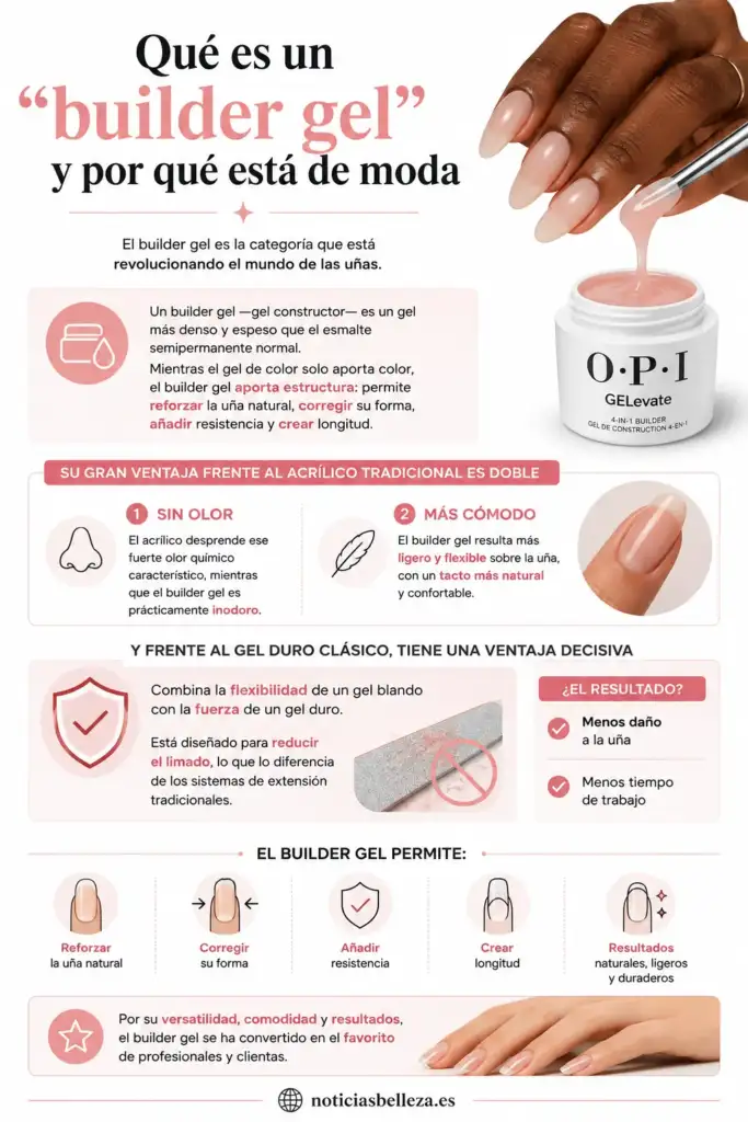 Qué es un builder gel y por qué está de moda | Infografía Infografía que explica qué es un builder gel, sus ventajas frente al acrílico y al gel duro, y cómo permite reforzar, corregir y alargar la uña natural.
