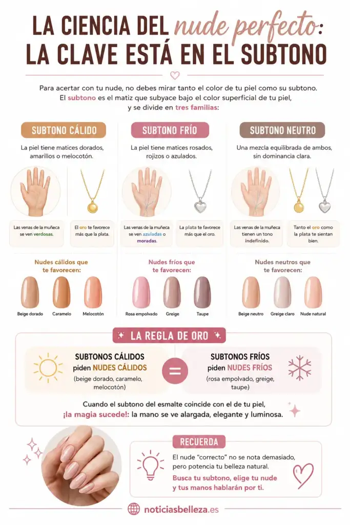 La ciencia del nude perfecto: cómo elegir el esmalte según el subtono de la piel Infografía que explica cómo identificar el subtono de la piel (cálido, frío o neutro) para elegir el esmalte nude más favorecedor según cada persona.