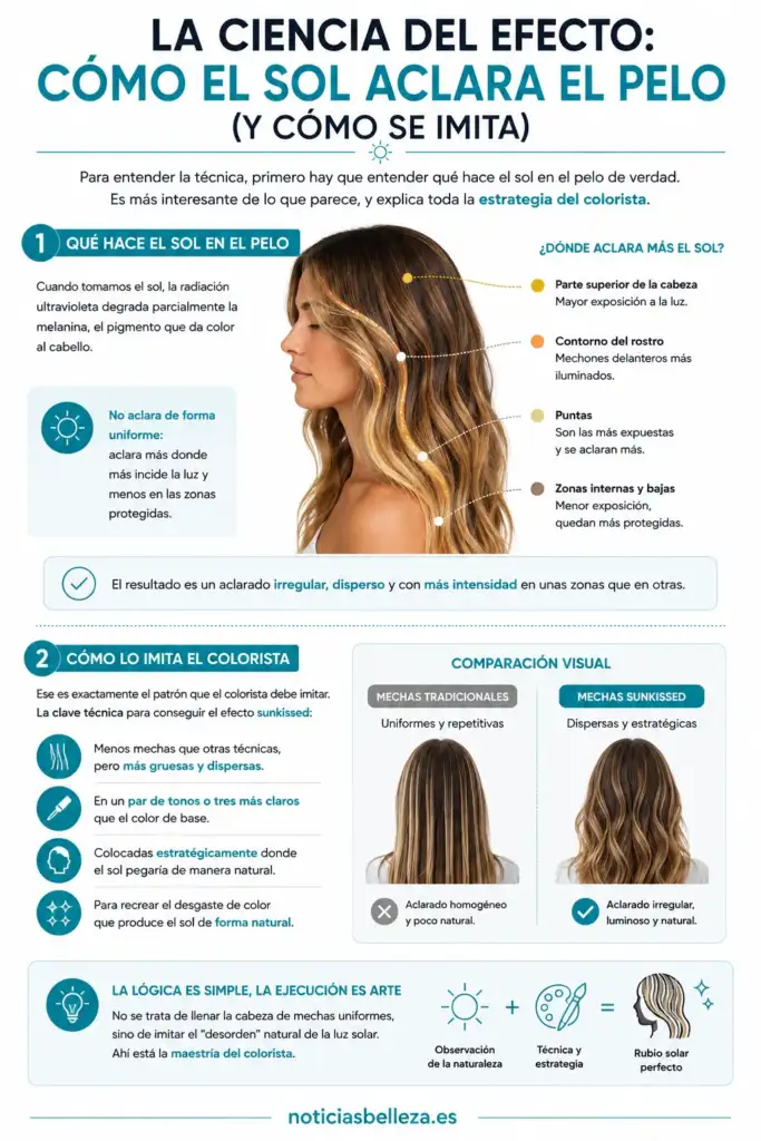 Cómo el sol aclara el pelo: ciencia de las mechas sunkissed Infografía sobre cómo el sol aclara el pelo y cómo se imita el efecto sunkissed con mechas estratégicas.
