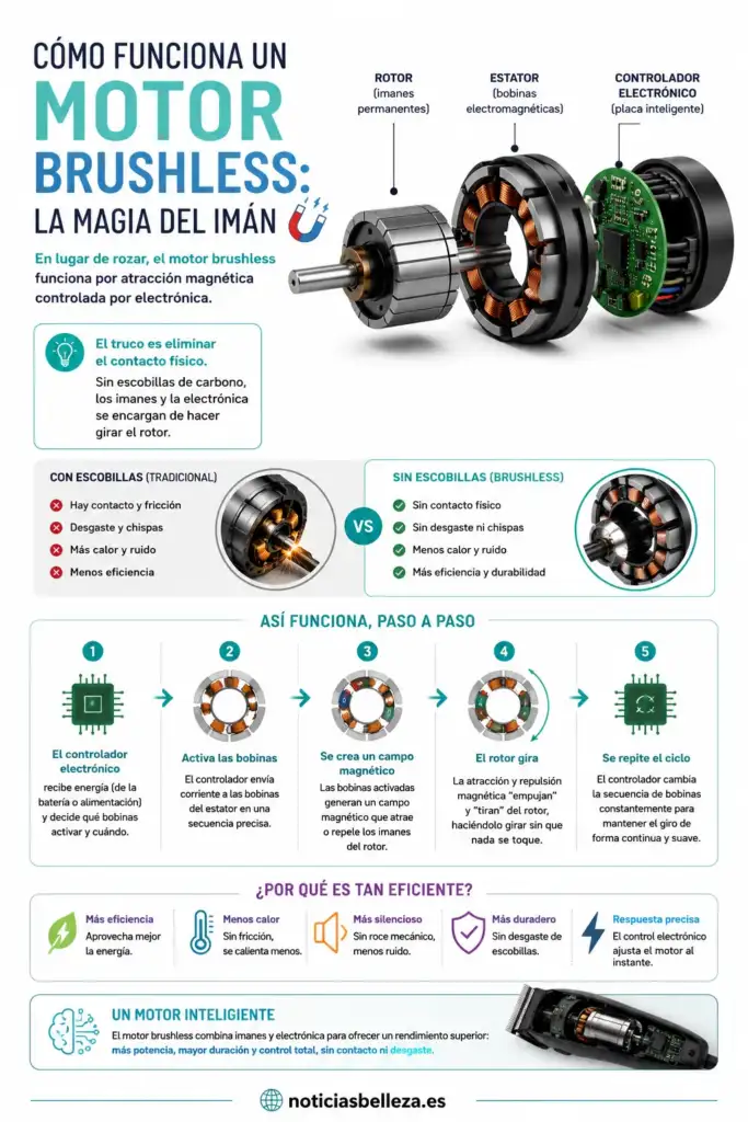 Infografía sobre cómo funciona un motor brushless mediante imanes, bobinas y un controlador electrónico