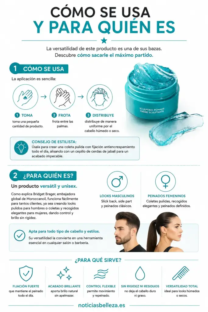 Infografía sobre cómo usar Moroccanoil Sculpting Pomade y los peinados para los que está indicada