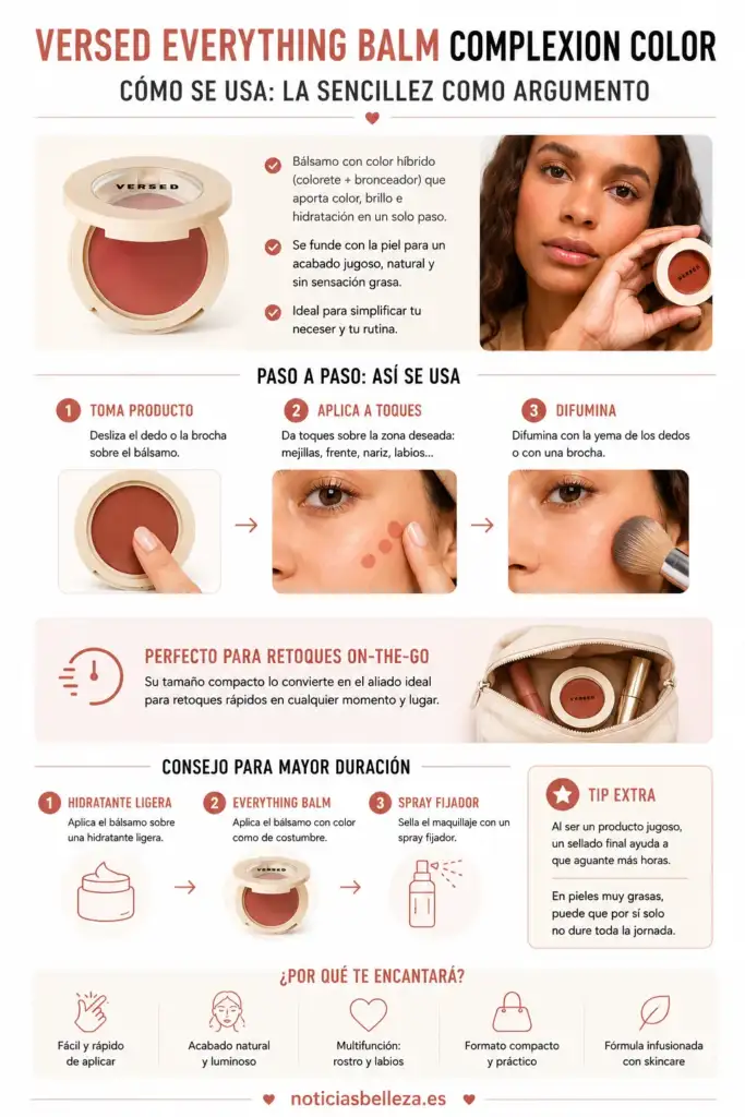 Cómo usar Versed Everything Balm Complexion Color Infografía paso a paso sobre cómo aplicar Versed Everything Balm Complexion Color