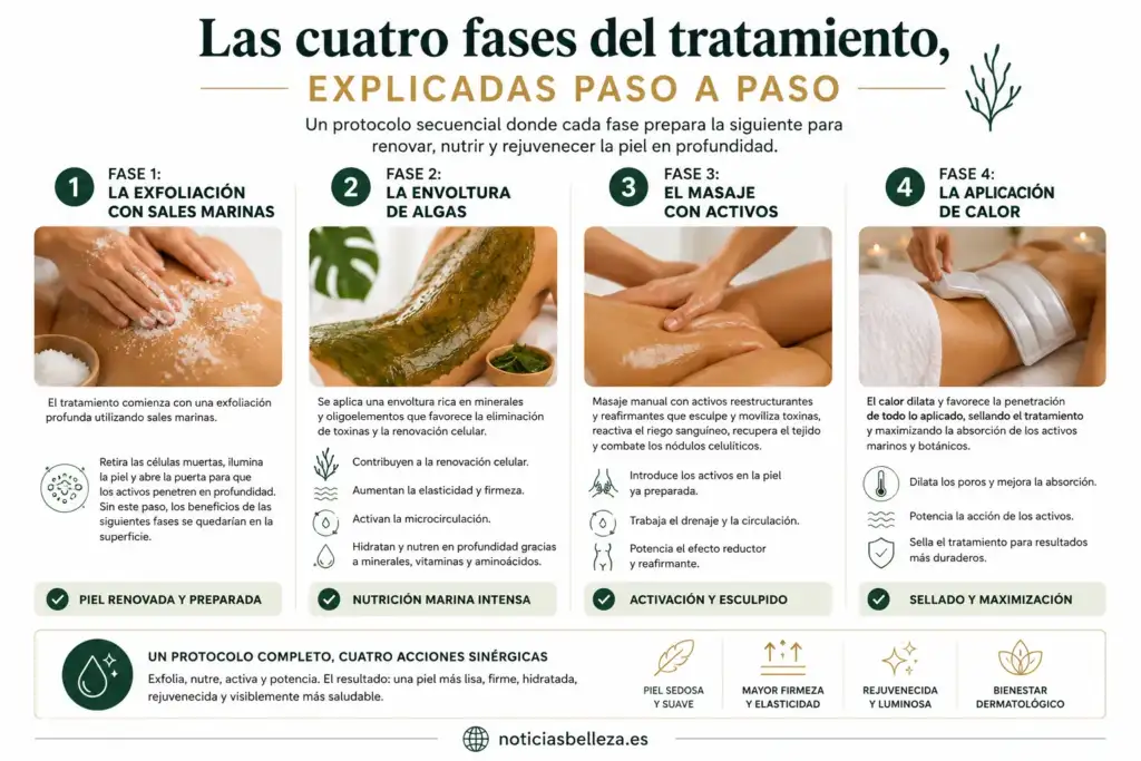 Las cuatro fases del Renovador Epidérmico Corporal de Cristina Galmiche Infografía con las cuatro fases del Renovador Epidérmico Corporal de Cristina Galmiche: exfoliación con sales marinas, envoltura de algas, masaje con activos y aplicación de calor.