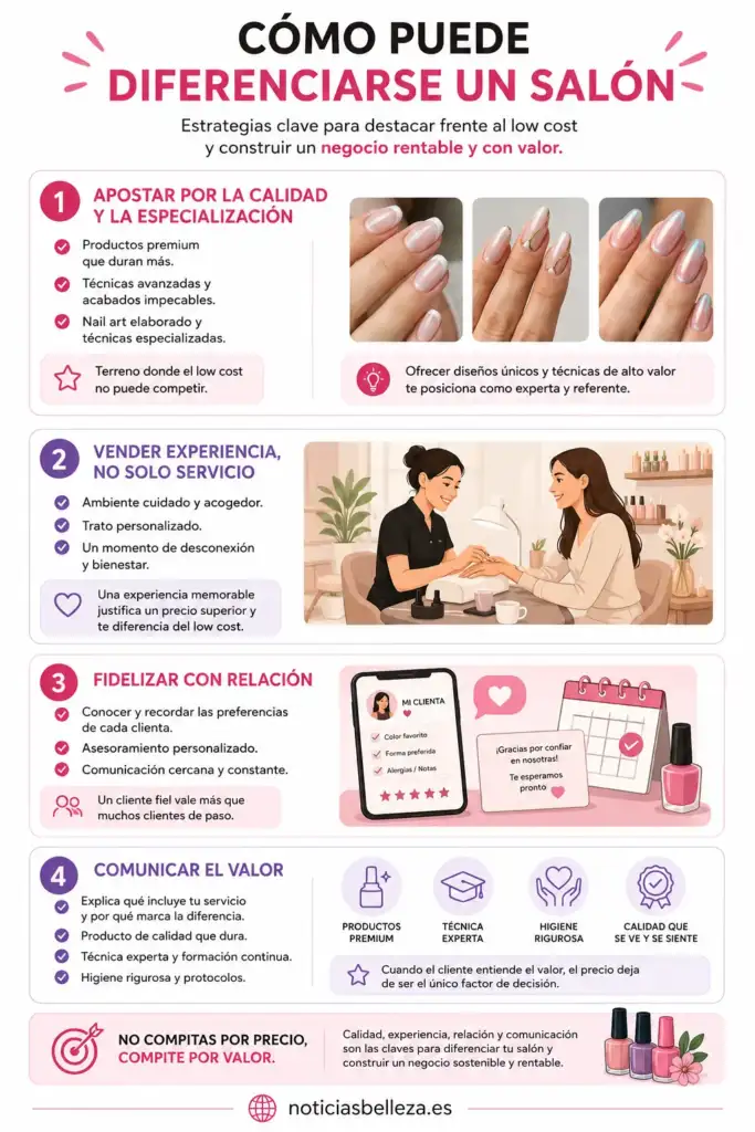 Infografía sobre cómo diferenciar un salón de manicura mediante calidad, experiencia, fidelización y comunicación de valor