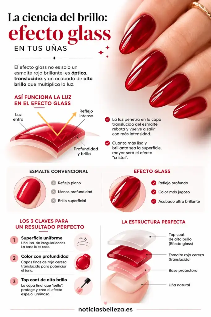 La tecnología del efecto glass en las Cherry Glass Nails Infografía sobre cómo funciona el efecto glass en las uñas Cherry Glass y cómo consigue su brillo y profundidad.