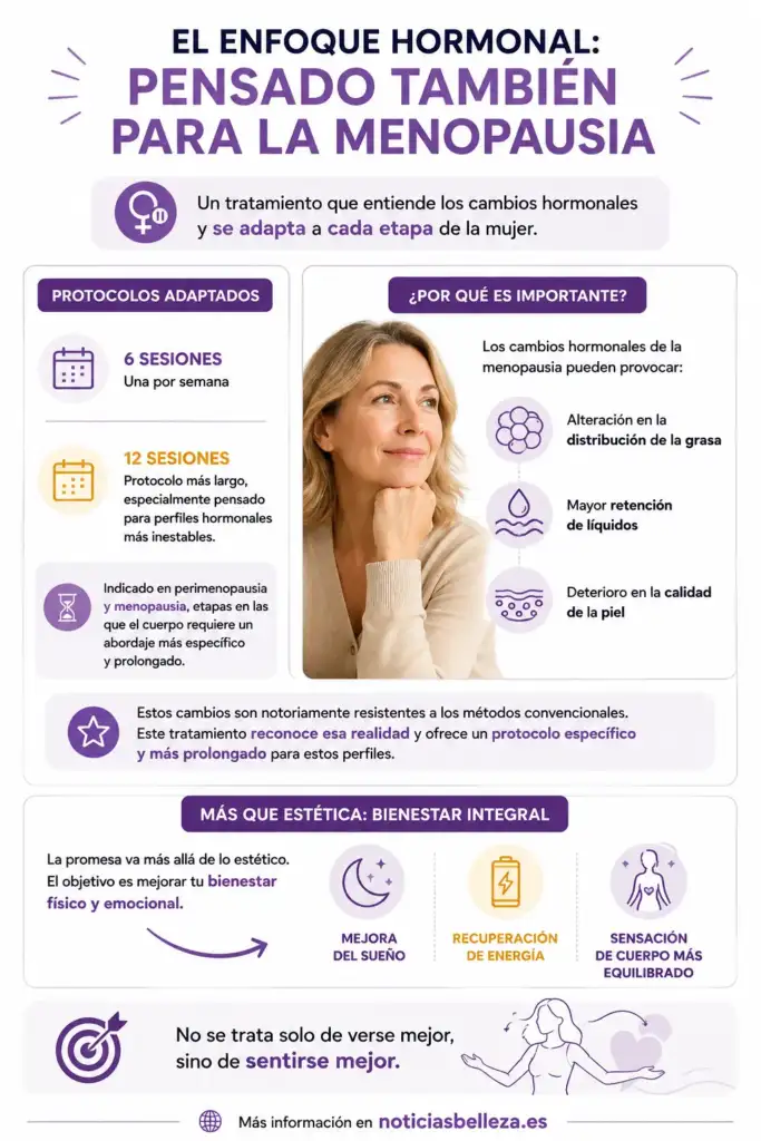 Enfoque hormonal en menopausia | Infografía del protocolo corporal Infografía sobre el enfoque hormonal de un tratamiento corporal adaptado a la perimenopausia y la menopausia, con protocolos de 6 y 12 sesiones y beneficios para el bienestar integral.