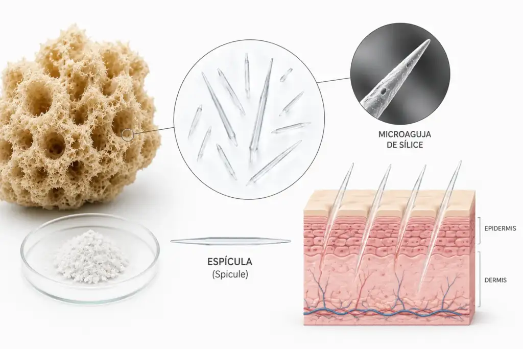 Ilustración científica que muestra el origen de las espículas de esponja marina, su estructura microscópica de sílice y su penetración superficial en la epidermis.