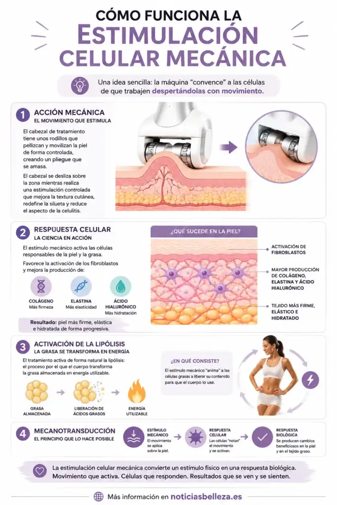 Cómo funciona la estimulación celular mecánica | Infografía LPG Endermologie Infografía sobre el funcionamiento de la estimulación celular mecánica mediante rodillos, mostrando la activación de fibroblastos, la producción de colágeno, elastina y ácido hialurónico, la lipólisis y la mecanotransducción.