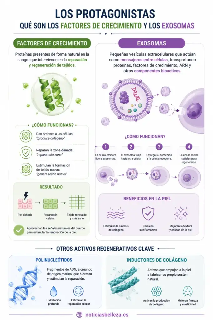 Factores de crecimiento y exosomas en cosmética regenerativa Infografía sobre factores de crecimiento y exosomas en cosmética regenerativa