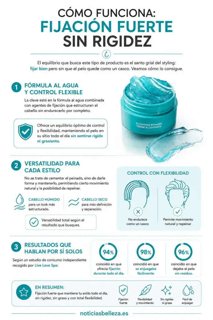 Infografía sobre cómo Moroccanoil Sculpting Pomade consigue fijación fuerte sin rigidez