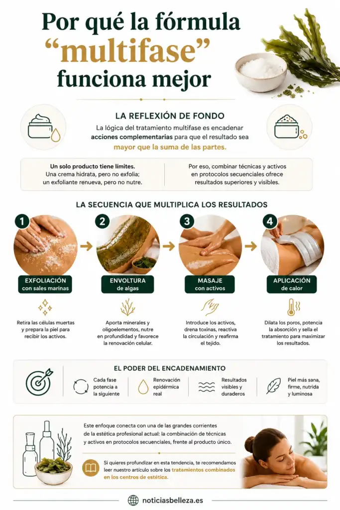 Por qué la fórmula multifase funciona mejor en estética corporal Infografía que explica por qué un tratamiento multifase de estética corporal ofrece mejores resultados al combinar exfoliación, envoltura de algas, masaje con activos y aplicación de calor.