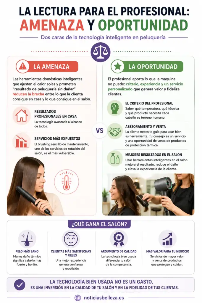 Infografía sobre las oportunidades y amenazas de las herramientas inteligentes con IA y sensores para los profesionales de la peluquería.