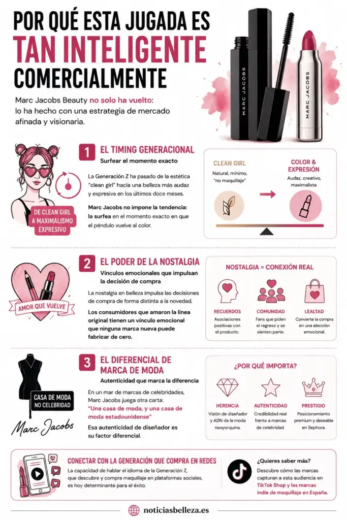 Infografía sobre la estrategia comercial del regreso de Marc Jacobs Beauty, destacando el cambio hacia el maquillaje maximalista, el poder de la nostalgia y el valor de la marca de moda.