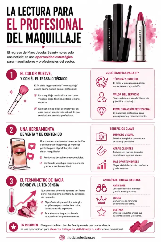 Infografía sobre las oportunidades que ofrece el regreso de Marc Jacobs Beauty para maquilladores profesionales, destacando el valor del color, el contenido visual y las nuevas tendencias del maquillaje.