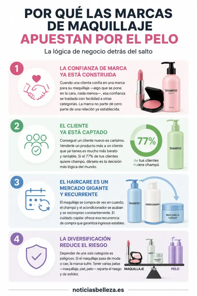 ¿Por qué las marcas de maquillaje apuestan por el haircare? Claves del negocio Infografía que explica las razones por las que las marcas de maquillaje están ampliando su negocio hacia el cuidado capilar, destacando la confianza de marca, la fidelización del cliente, la recurrencia de compra y la diversificación.