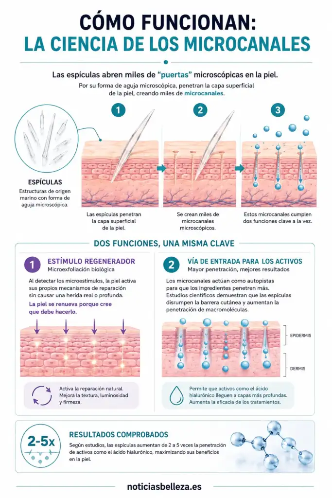Infografía que muestra cómo las espículas crean microcanales en la piel, estimulan la regeneración cutánea y aumentan la penetración de ingredientes activos como el ácido hialurónico.