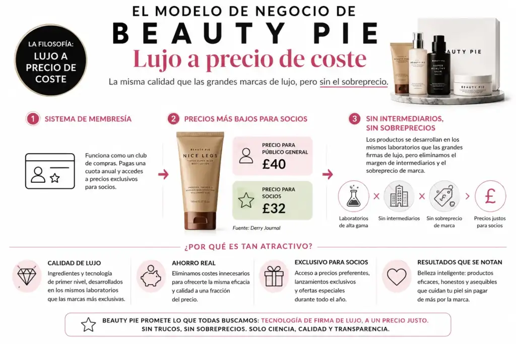 Modelo de negocio de Beauty Pie: lujo a precio de coste Infografía que explica el modelo de negocio de Beauty Pie basado en una membresía con precios reducidos para socios, productos desarrollados en laboratorios de alta gama y eliminación de intermediarios.