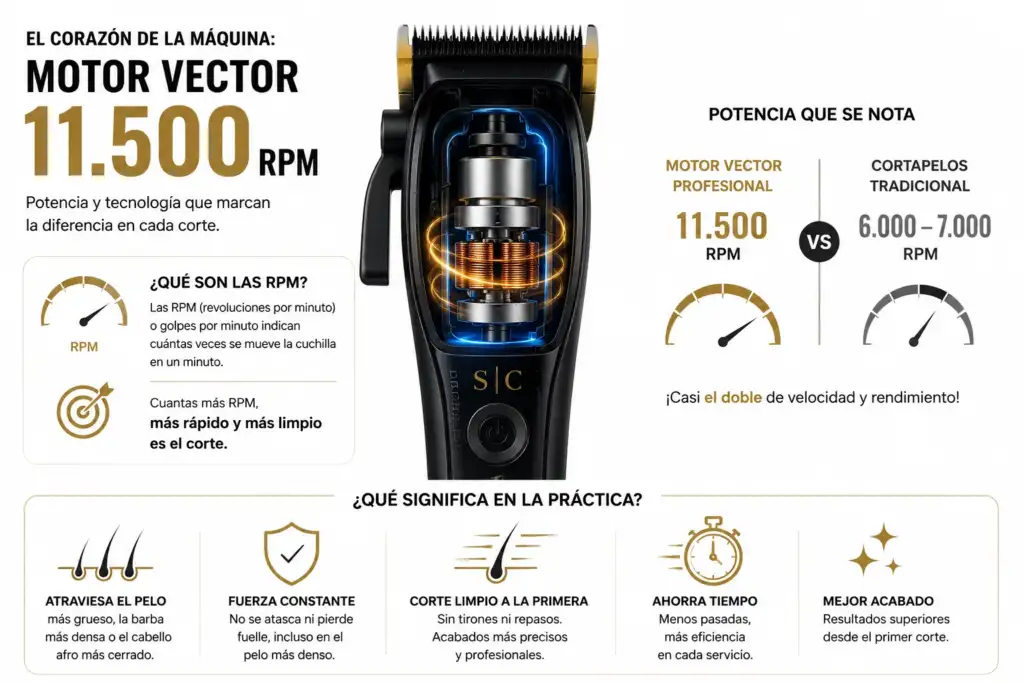 Motor Vector de 11.500 RPM: cómo mejora el rendimiento de una cortapelos profesional Infografía que explica el funcionamiento del motor Vector de 11.500 RPM de una cortapelos profesional y compara su rendimiento con una máquina tradicional.
