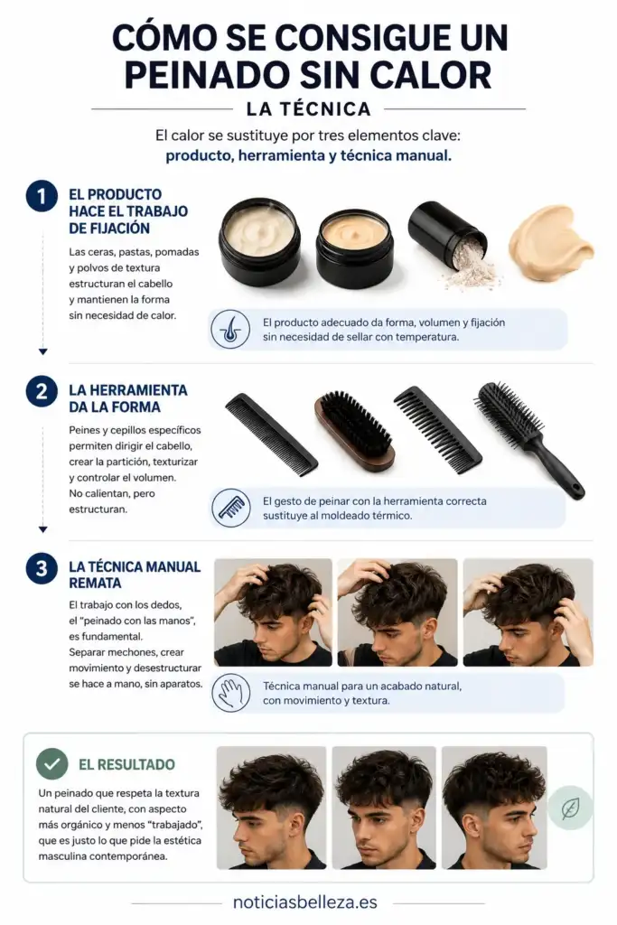 Cómo conseguir un peinado sin calor en barbería Infografía sobre cómo conseguir un peinado sin calor con productos, peines, cepillos y técnica manual