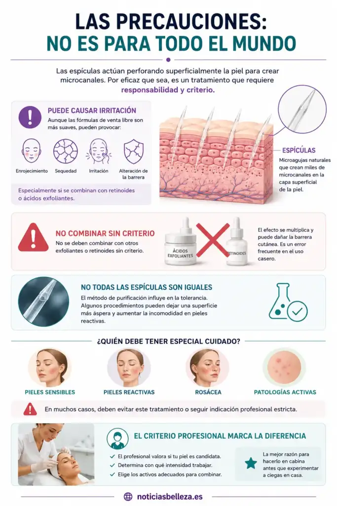 Infografía sobre las precauciones de los tratamientos con espículas, sus posibles efectos sobre la piel, las combinaciones que deben evitarse y los tipos de piel que requieren especial cuidado.