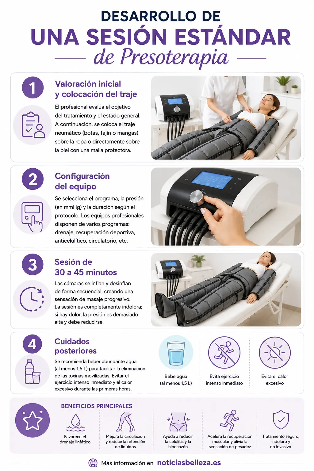 Infografía de una sesión estándar de presoterapia: valoración inicial, colocación del traje neumático, configuración del equipo, sesión de 30 a 45 minutos y cuidados posteriores