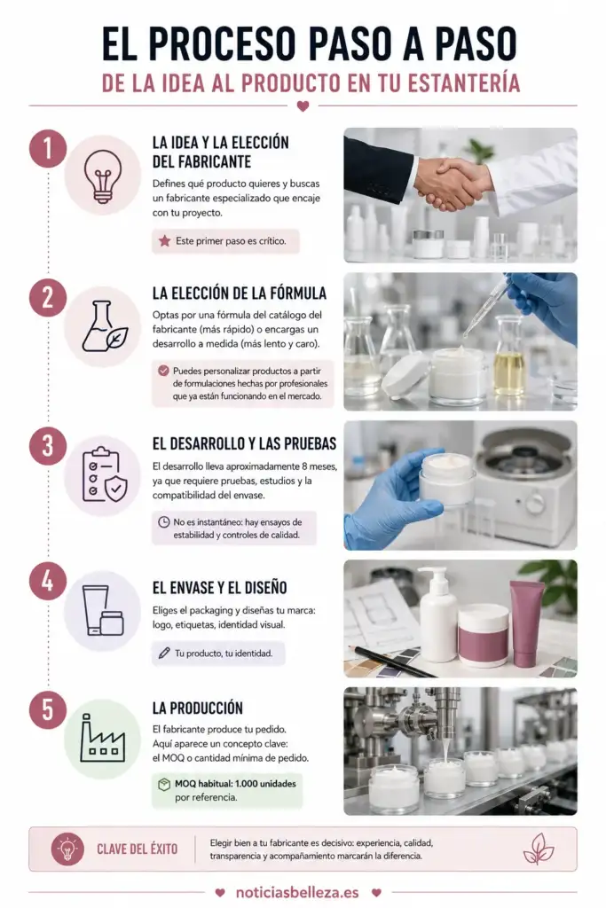Proceso de fabricación de cosméticos paso a paso Infografía del proceso de fabricación de cosméticos desde la idea hasta la producción