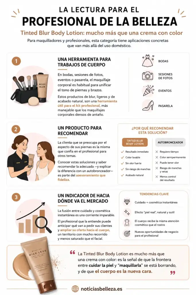 Tinted Blur Body Lotion: oportunidades para el profesional de la belleza Infografía sobre las aplicaciones profesionales de la Tinted Blur Body Lotion, con usos en maquillaje corporal, asesoramiento al cliente y tendencias del mercado de la belleza.