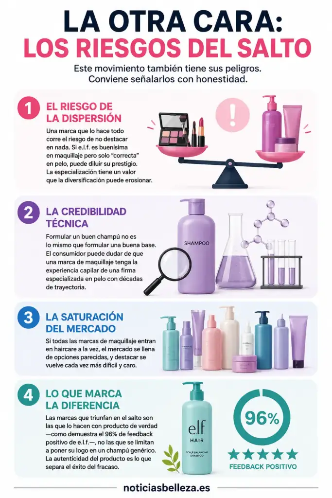 Riesgos de que las marcas de maquillaje entren en el mercado del haircare Infografía que explica los principales riesgos de la expansión de las marcas de maquillaje hacia el cuidado capilar: dispersión de marca, credibilidad técnica, saturación del mercado y la importancia de ofrecer productos auténticos.