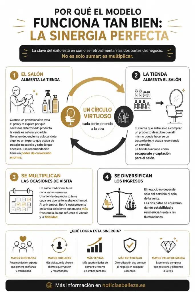 Infografía que explica cómo el modelo de negocio de BETH'S combina salón de peluquería y tienda de productos profesionales para aumentar la fidelización, las ventas y la estabilidad del negocio.