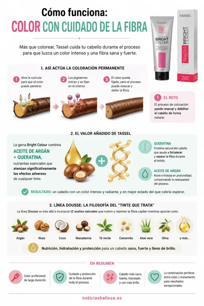 Infografía sobre cómo la coloración Tassel cuida la fibra capilar con queratina, aceite de argán y aceites naturales