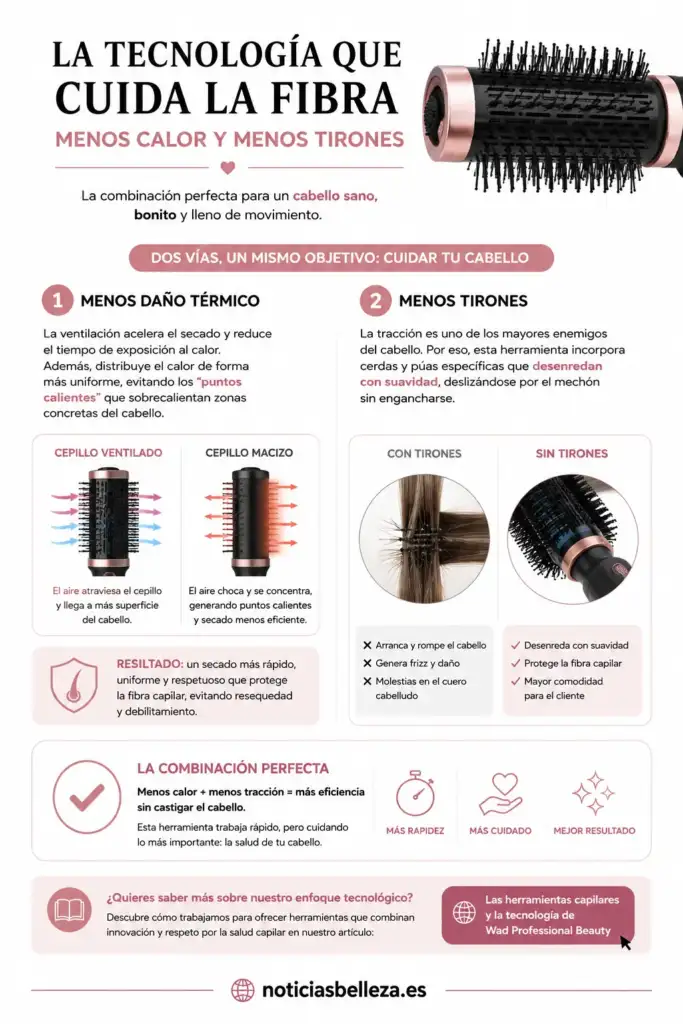 Tecnología para cuidar la fibra capilar: menos calor y tirones Infografía sobre cómo un cepillo ventilado reduce el calor y los tirones para proteger la fibra capilar durante el secado