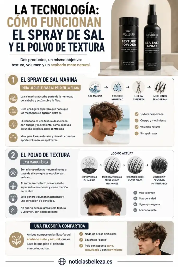 Cómo funcionan el spray de sal marina y el polvo de textura para el cabello Infografía que explica el funcionamiento del spray de sal marina y del polvo de textura para crear volumen, textura y un acabado mate natural en el cabello masculino.