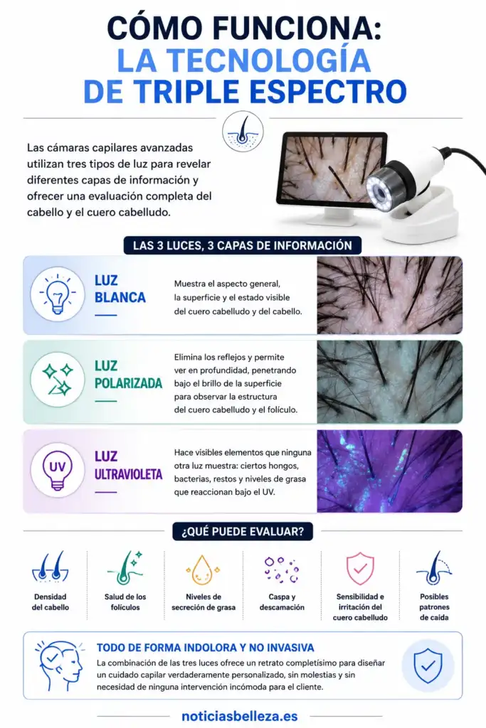 Infografía sobre la tecnología de triple espectro para analizar el cabello y el cuero cabelludo