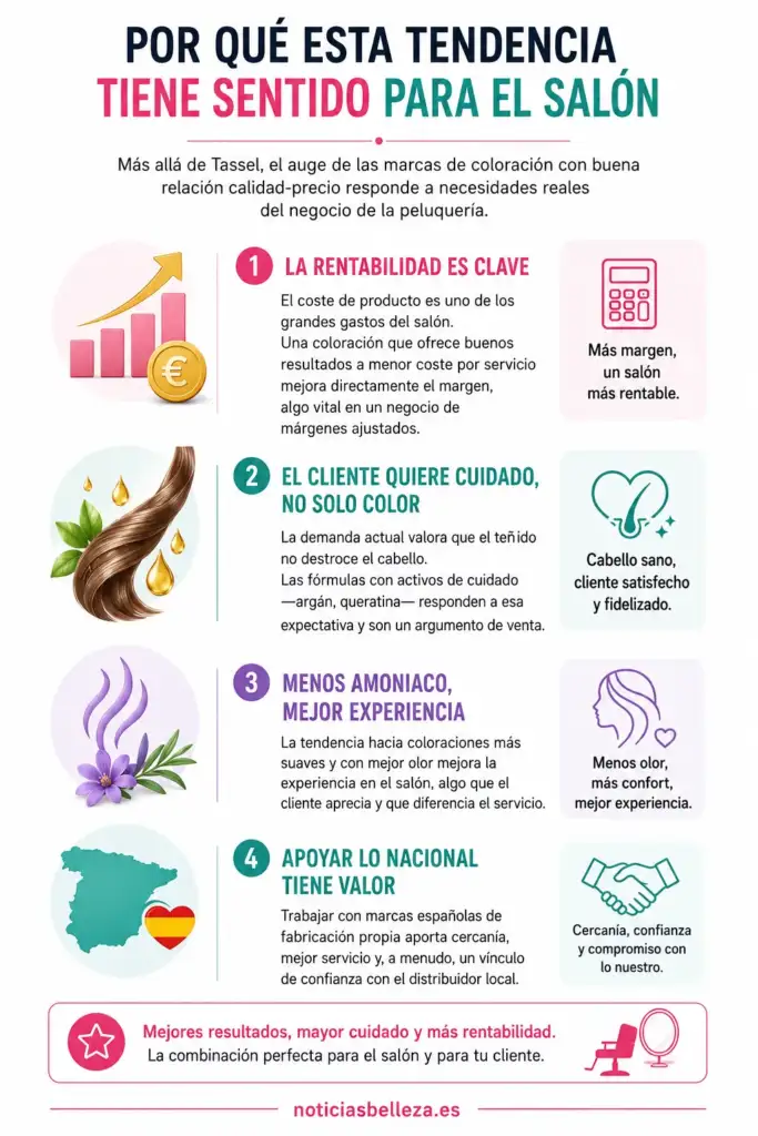 Infografía sobre rentabilidad, cuidado capilar, menos amoniaco y apoyo a marcas españolas de coloración profesional