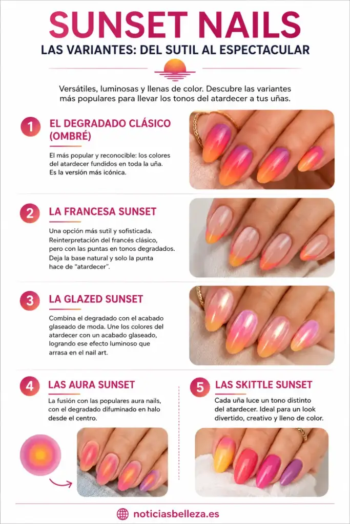 Sunset Nails: las principales variantes de la manicura del atardecer Infografía con cinco variantes de Sunset Nails: degradado ombré, francesa, glazed, aura y skittle
