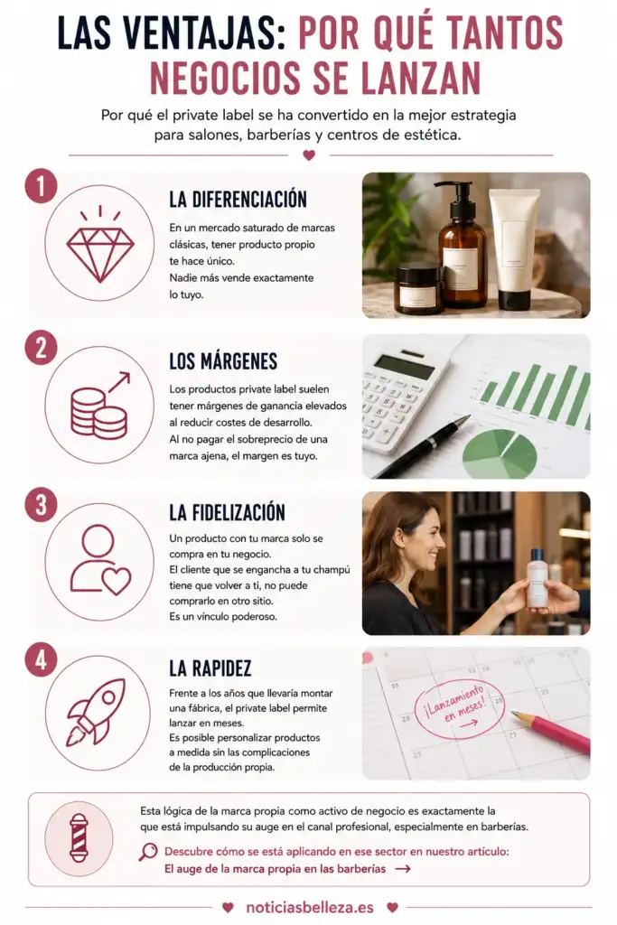 Ventajas del private label en cosmética profesional Infografía sobre las ventajas del private label y la marca propia en cosmética