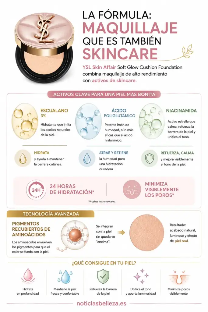 YSL Skin Affair: maquillaje con activos de skincare Infografía sobre la fórmula de YSL Skin Affair con escualano, ácido poliglutámico y niacinamida